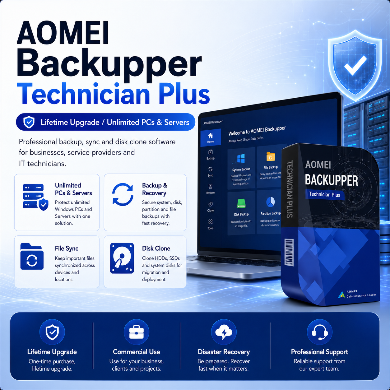 AOMEI Backupper Technician Plus(Lifetime Upgrade/Unlimited PCs&Servers)